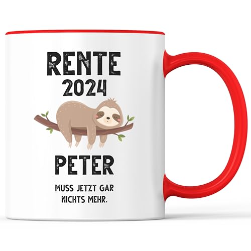 Kaffeebecher mit Spruch Rente 2024 mit Name Rentner Rentnerin Namen - lustiges Geschenk - Kaffeetasse als Geschenkidee - Becher bzw. Tasse 330ml - Weiss-Rot von Mister Merchandise