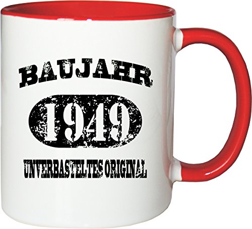 Mister Merchandise Becher Tasse Baujahr 1949 unverbasteltes Original Kaffee Kaffeetasse liebevoll Bedruckt Jahrgang Originalteile Parts Made in Weiß-Rot von Mister Merchandise