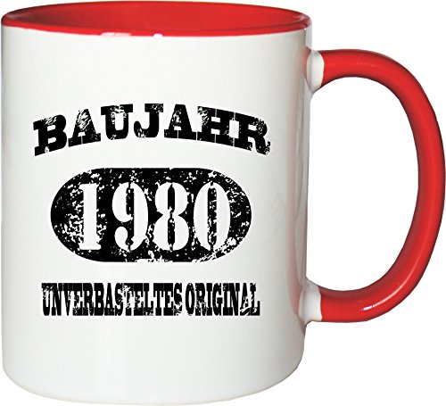 Mister Merchandise Becher Tasse Baujahr 1980 unverbasteltes Original Kaffee Kaffeetasse liebevoll Bedruckt Jahrgang Originalteile Parts Made in Weiß-Rot von Mister Merchandise