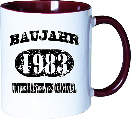 Mister Merchandise Becher Tasse Baujahr 1983 unverbasteltes Original Kaffee Kaffeetasse liebevoll Bedruckt Jahrgang Originalteile Parts Made in Weiß-Bordeaux von Mister Merchandise