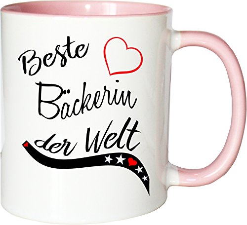 Mister Merchandise Becher Tasse Beste Bäckerin der Welt. Kaffee Kaffeetasse liebevoll Bedruckt Beruf Job Arbeit Weiß-Rosa von Mister Merchandise