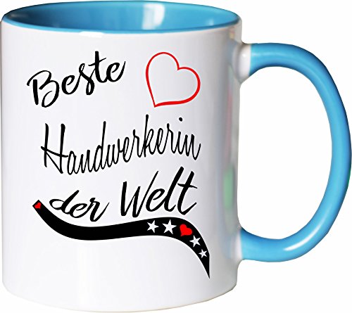 Mister Merchandise Becher Tasse Beste Handwerkerin der Welt. Kaffee Kaffeetasse liebevoll Bedruckt Beruf Job Arbeit Weiß-Hellblau von Mister Merchandise