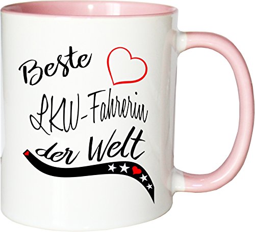 Mister Merchandise Becher Tasse Beste LKW-Fahrerin der Welt. Kaffee Kaffeetasse liebevoll Bedruckt Beruf Job Arbeit Weiß-Rosa von Mister Merchandise