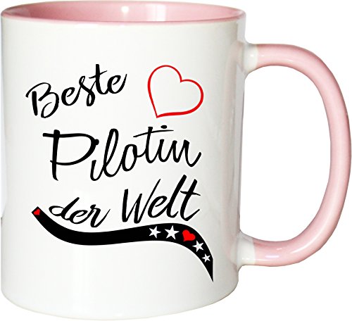 Mister Merchandise Becher Tasse Beste Pilotin der Welt. Kaffee Kaffeetasse liebevoll Bedruckt Beruf Job Arbeit Weiß-Rosa von Mister Merchandise