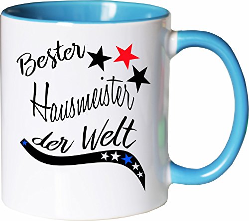 Mister Merchandise Becher Tasse Bester Hausmeister der Welt. Kaffee Kaffeetasse liebevoll Bedruckt Beruf Job Arbeit Weiß-Hellblau von Mister Merchandise