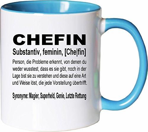 Mister Merchandise Becher Tasse Chefin Definition Kaffee Kaffeetasse liebevoll Bedruckt Geschenk Gag Job Beruf Arbeit Witzig Spruch Weiß-Hellblau von Mister Merchandise