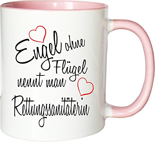 Mister Merchandise Becher Tasse Engel ohne Flügel nennt Man Rettungssanitäterin Kaffee Kaffeetasse liebevoll Bedruckt Beruf Job Geschenk Weiß-Rosa von Mister Merchandise