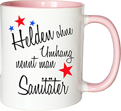 Mister Merchandise Becher Tasse Helden ohne Umhang nennt Man Sanitäter Kaffee Kaffeetasse liebevoll Bedruckt Beruf Job Geschenk Weiß-Rosa von Mister Merchandise