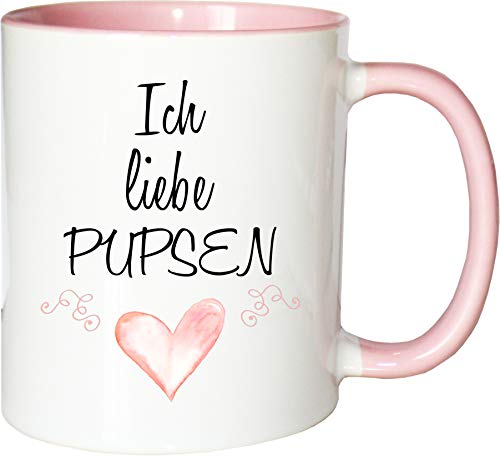 Mister Merchandise Becher Tasse Ich Liebe Pupsen! Kaffee Kaffeetasse liebevoll Bedruckt Furszen Furz Pupen Weiß-Rosa von Mister Merchandise