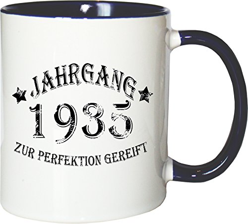 Mister Merchandise Becher Tasse Jahrgang 1935 zur Perfektion gereift Kaffee Kaffeetasse liebevoll Bedruckt Aged to Perfection Geburtsjahr Weiß-Blau von Mister Merchandise