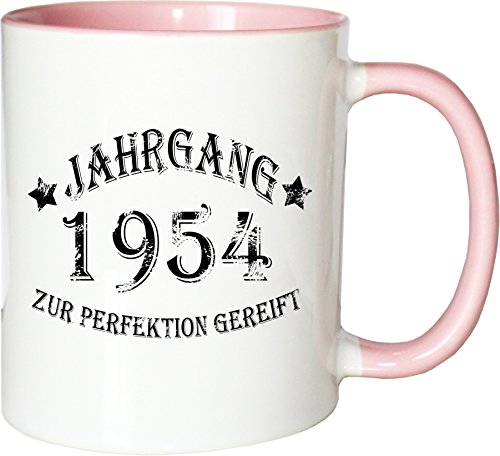 Mister Merchandise Becher Tasse Jahrgang 1954 zur Perfektion gereift Kaffee Kaffeetasse liebevoll Bedruckt Aged to Perfection Geburtsjahr Weiß-Rosa von Mister Merchandise