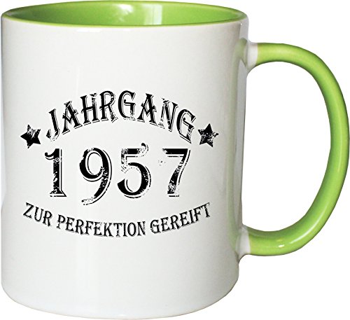 Mister Merchandise Becher Tasse Jahrgang 1957 zur Perfektion gereift Kaffee Kaffeetasse liebevoll Bedruckt Aged to Perfection Geburtsjahr Weiß-Grün von Mister Merchandise