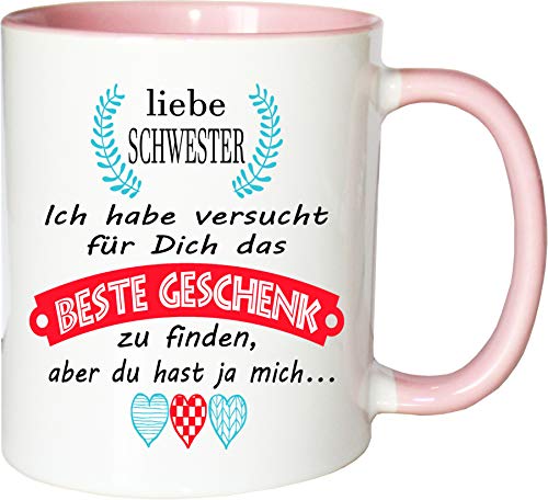 Mister Merchandise Becher Tasse Schwester Kaffee Kaffeetasse liebevoll Bedruckt Geschenkidee Familie Weiß-Rosa von Mister Merchandise