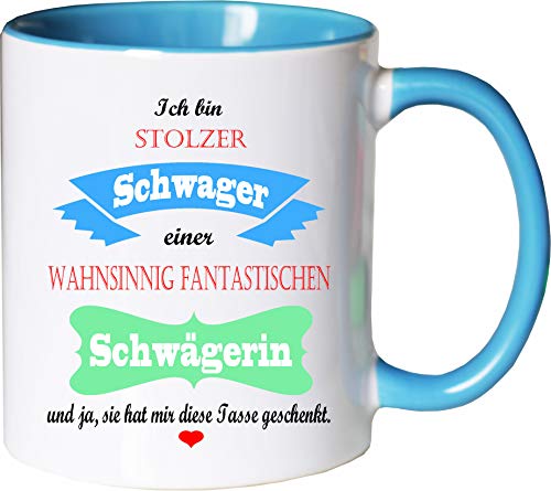 Mister Merchandise Becher Tasse Stolzer Schwager Einer wahnsinnig fantastischen Schwägerin - Sie hat Mir die Tasse geschenkt Kaffeetasse Bedruckt Kaffeebecher Geburtstagsgeschenk Weiß-Hellblau von Mister Merchandise