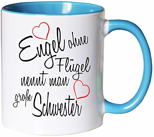 Mister Merchandise Kaffeebecher Tasse Engel ohne Flügel nennt Man große Schwester Sister Familie Family Geburt Schwanger Baby Teetasse Becher Weiß-Hellblau von Mister Merchandise