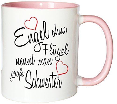 Mister Merchandise Kaffeebecher Tasse Engel ohne Flügel nennt Man große Schwester Sister Familie Family Geburt Schwanger Baby Teetasse Becher Weiß-Rosa von Mister Merchandise