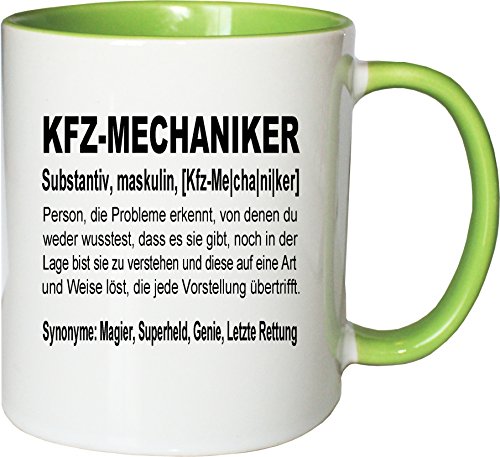 Mister Merchandise Kaffeebecher Tasse Kfz-Mechaniker Definition Geschenk Gag Job Beruf Arbeit Witzig Spruch Teetasse Becher Weiß-Grün von Mister Merchandise