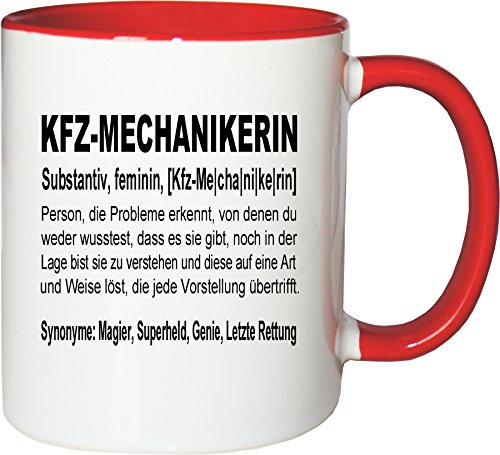 Mister Merchandise Kaffeebecher Tasse Kfz-Mechanikerin Definition Geschenk Gag Job Beruf Arbeit Witzig Spruch Teetasse Becher Weiß-Rot von Mister Merchandise