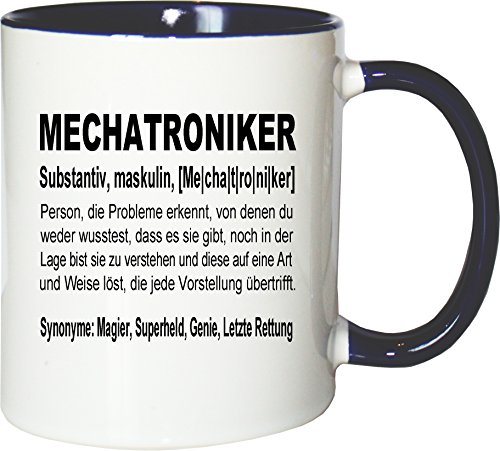 Mister Merchandise Kaffeebecher Tasse Mechatroniker Definition Geschenk Gag Job Beruf Arbeit Witzig Spruch Teetasse Becher Weiß-Blau von Mister Merchandise