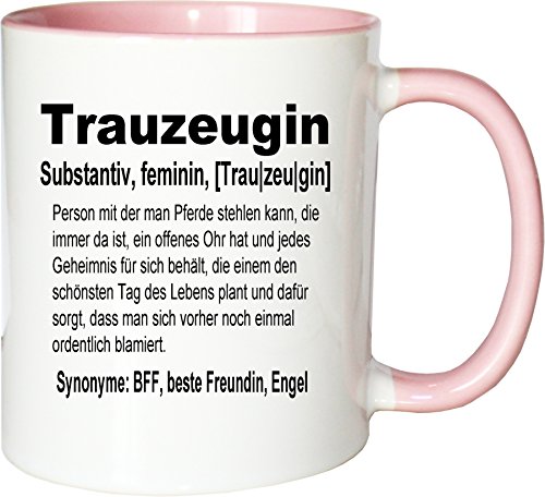 Mister Merchandise Kaffeebecher Tasse Trauzeugin Definition Hochzeit Frau Maid Bride Geschenk Dankeschön Teetasse Becher Weiß-Rosa von Mister Merchandise