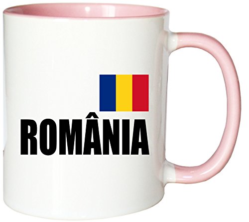 Mister Merchandise Kaffeetasse România Fahne Flag Teetasse Becher, Farbe: Weiß-Rosa von Mister Merchandise