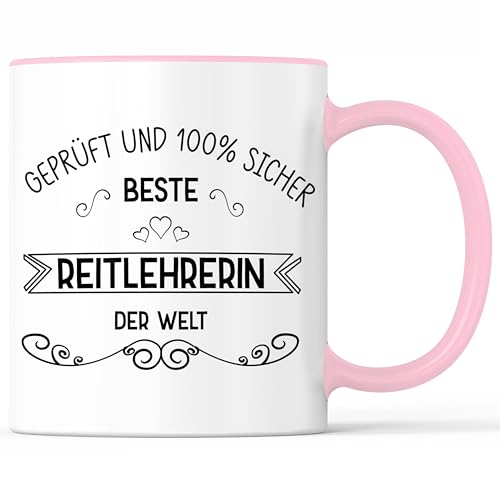 Tasse mit Spruch Beste Reitlehrerin Becher Reitunterricht - lustiges Geschenk - Kaffeebecher als Geschenkidee - Kaffeetasse 330ml - Weiss-Rosa von Mister Merchandise