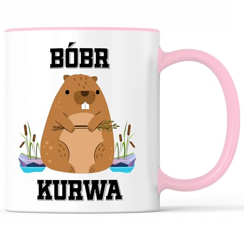 Tasse mit Spruch Bobr Kurwa Becher Bóbr Bober Meme lustig Kurva - lustiges Geschenk - Kaffeebecher als Geschenkidee - Kaffeetasse 330ml - Weiss-Rosa von Mister Merchandise