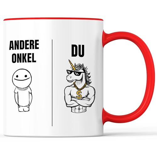 Tasse mit Spruch Einhorn cooler Onkel Becher Öhme Uncle - lustiges Geschenk - Kaffeebecher als Geschenkidee - Kaffeetasse 330ml - Weiss-Rot Tasse mit Spruch Einhorn cooler Onkel Becher Öhme Uncle - lustiges Geschenk - Kaffeebecher als Geschenkidee - Kaffeetasse 330ml - Weiss-Rot von Mister Merchandise