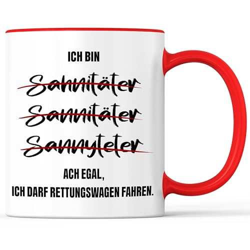 Tasse mit Spruch Sanitäter Sanitäterin Becher Rettungswagen Retungssanitäter - lustiges Geschenk - Kaffeebecher als Geschenkidee - Kaffeetasse 330ml - Weiss-Rot von Mister Merchandise