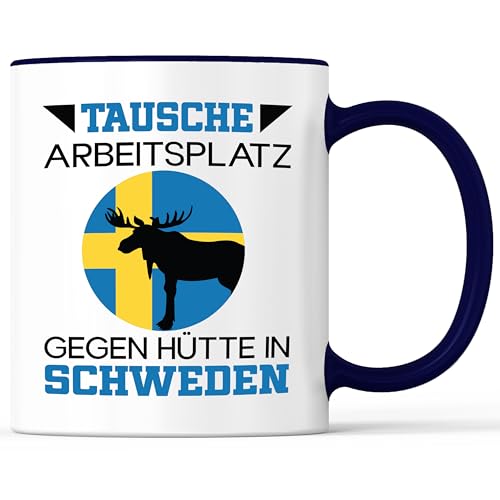 Tasse mit Spruch Tausche Arbeitsplatz gegen Hütte in Schweden Becher Elch Natur - lustiges Geschenk - Kaffeebecher als Geschenkidee - Kaffeetasse 330ml - Weiss-Blau Tasse mit Spruch Tausche Arbeitsplatz gegen Hütte in Schweden Becher Elch Natur - lustiges Geschenk - Kaffeebecher als Geschenkidee - Kaffeetasse 330ml - Weiss-Blau von Mister Merchandise
