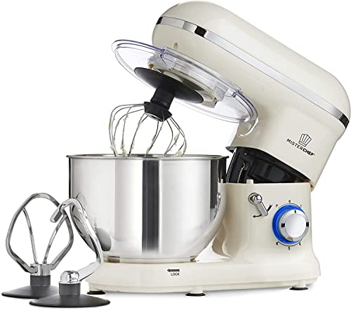 MisterChef Pro Professional Electric Kitchen 1600 W Food Stand Mixer – Große Schüssel – 3 Aufsätze: Eggbeater, Knethaken & Edelstahl-Schneebesen – 5,5 l Edelstahlschüssel Creme MC1600Cream von MisterChef