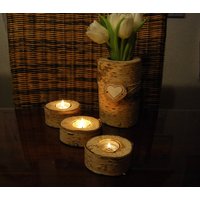Teelichthalter Teelicht Holz Birkenholz 5cm Weiß Beige Rustikal Nachhaltig Kerzenhalter Tischdeko Taufe Deko Hochzeit Frühling von MitHolzArbeiten