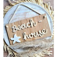 Holzschild Mit Kordel-Schriftzug Beachhouse Und Modelliermasse Seestern Klötzchendeko Sommer Holzdeko Eiche Geschenk von MitLiebePost