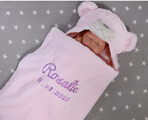 Zweilagige Babydecke mit Namen und Datum Bestickt - Wagendecke - 3D Motiven - (Rosa - Teddybär) von MitNamen