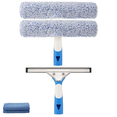Mitclear Fensterreiniger Set(25cm), Silikon-Fensterabzieher + Mikrofaser-Fensterwischer, 2-in-1 Fensterputzer, Professionelles Fensterreinigungsset für Bad, Dusche, Fenster, Glas, Spiegel, Auto von Mitclear