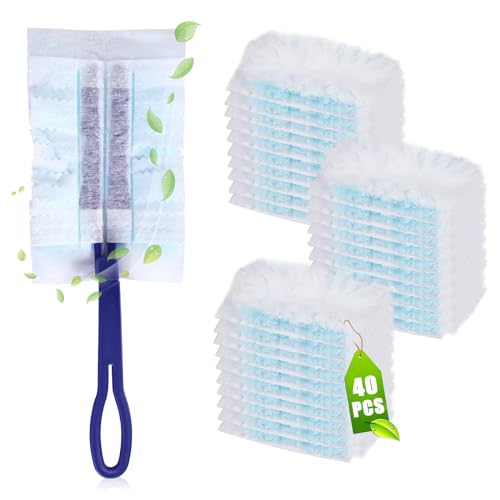 Staubmagnet Staubwedel, Staubtuch Nachfüllung 40 Tücher für Swiffer Staubmagnet mit 1 Handgriff, Staubwedel Nachfüllpack Parfümfrei, Fluffy Dusters Refills zum Reinigen von Staub,Schmutz,Autos,Decken von Mitening