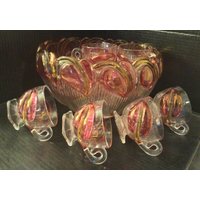 Vintage Atemberaubende Mcm Glas "Apple" Lochschale Mit 12 Tassen. Ruby Flashed Apple Band Grünem Stiel. Gerippter Körper, Gebrühte Borte. Selten von Mitesoro777