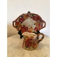 Vintage Fitz Und Floyd Autum Woods Muster Double Handle Candy Dish Tablett Und Milchkännchen. Um 1994. Eingestellt von Mitesoro777