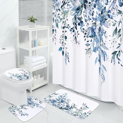 MitoVilla 4-teiliges Duschvorhang-Set mit Pflanzenblättern, mit Teppichen für Badezimmerdekoration, Badezimmer-Sets mit Duschvorhang und Teppichen, modernes Stoff-Badezimmer-Dekor-Vorhang-Sets mit von MitoVilla