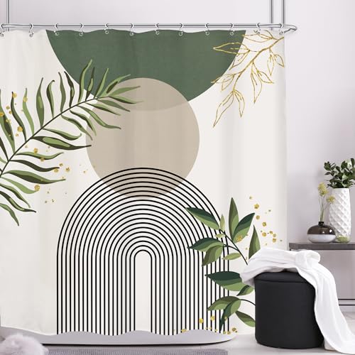 Mitpok Grüner Boho-Duschvorhang, Mitte des Jahrhunderts, abstrakt, goldfarbene Blätter, Grau, moderner Sonnenbogen, minimalistisch, geometrisch, ästhetisch, Pflanze, Badezimmer-Dekor, neutraler Mitpok Grüner Boho-Duschvorhang, Mitte des Jahrhunderts, abstrakt, goldfarbene Blätter, Grau, moderner Sonnenbogen, minimalistisch, geometrisch, ästhetisch, Pflanze, Badezimmer-Dekor, neutraler von Mitpok