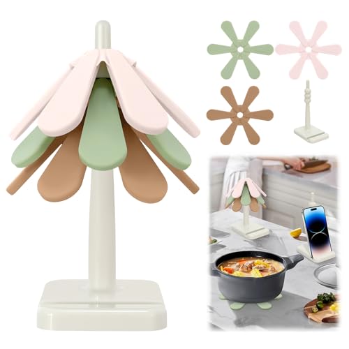 Mittimiya Untersetzer Weiches Silikon, 3 faltbaren, rutschfesten Baumuntersetzern und 1 Ständer, hitzebeständige Tischmatte, Küchenzubehör Trivet for warme Gerichte, Topf/Schüssel, Teekanne, Hot Pot von Mittimiya