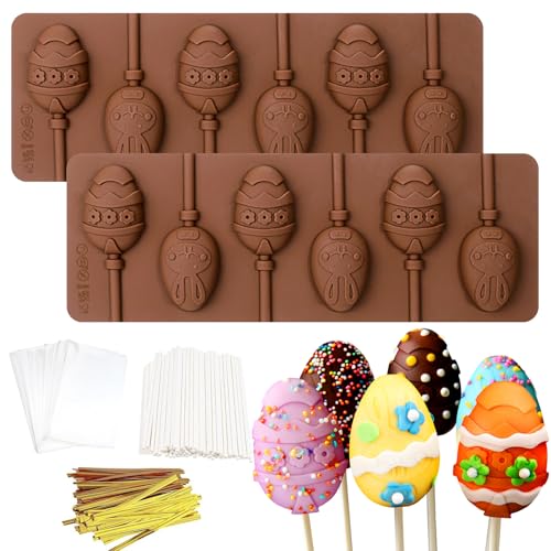 Mity Rain Oster-Cake-Pop-Form-Set – 2 Eier-Silikonformen, 100 Beutel, 100 Stäbchen und 100 goldene Bänder, DIY-Eier-Lutscher-Formen für Schokolade, Süßigkeiten, Cupcake-Dekorationen, Osterfeiern von Mity rain