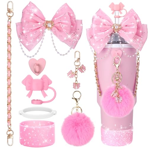 Mity rain Bling Cup Zubehör für Stanley Cup Becher mit Griff, 850 ml, 1134 ml, 567 ml, inklusive Schleife, Strohschleife, Leder-Trinkflaschengriff, Stiefel (Rosa) von Mity rain