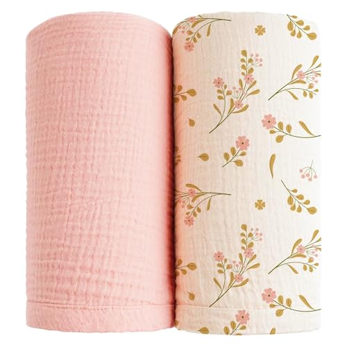 MiuK!ns Baby Pucktuch Musselin 2 Stück 120x120cm 100% Baumwolle Mullwindeln Baby Decke weich atmungsaktiv Swaddle Wrap für Unisex Neugeborenen Jungen Mädchen (Rosa Blumen) von MiuK!ns