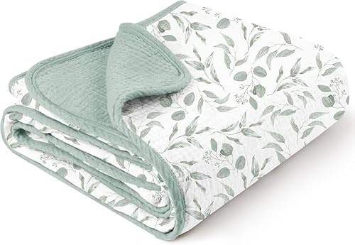 MiuK!ns Musselin Baby Decken 100% Baumwolle Baby Decke neugeborenen, Krippendecke für Baby Säugling Kleinkind, Super weich und leicht für Kleinkinder Mädchen Junge - 120X120cm (Grüne Blätter) von MiuK!ns