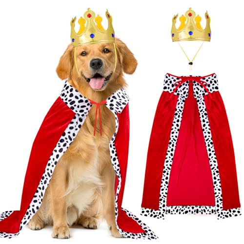 Hundekönig-Kostüm-Set, Haustier-Halloween-Umhang und verstellbare Krone für große Hunde, perfekt für Halloween und Cosplay-Partys, Geburtstagszubehör-Outfit von Miucat