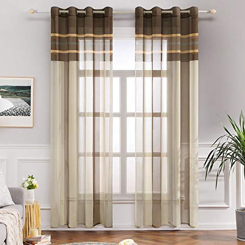 MIULEE Voile Vorhang Transparente Gardine aus Voile mit Ösen Schlaufenschal Ösenschals Transparent Fensterschal Wohnzimmer Schlafzimmer 2er Set 140x260 cm Weiß + Hellbraun von MIULEE