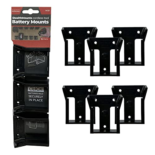 StealthMounts Akkuhalter für Milwaukee M18 | Kabellose Akkuhalterung für Milwaukee 18V Elektrowerkzeuge | 6er Pack | Schwarz Akku-Organizer für Milwaukee von StealthMounts