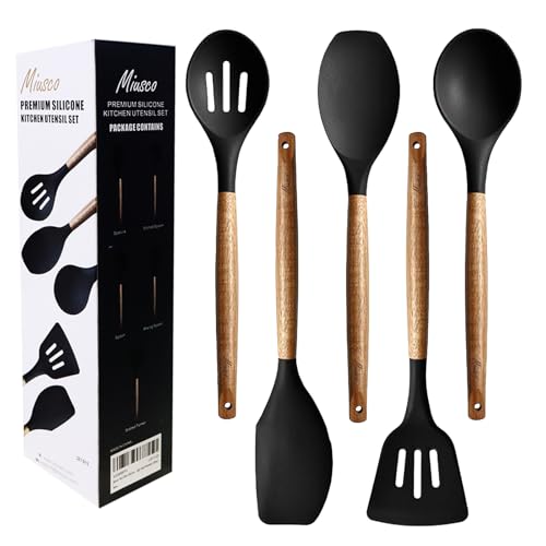 Miusco Silikon Kochlöffel Set, Antihaft-Küchenutensilien, 5-teilig, Küchenhelfer Mit Akazien-Hartholzgriff, Schwarz, BPA-frei, Zum Backen & Servieren von Miusco