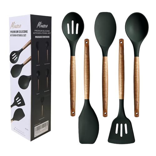 Miusco Silikon Kochlöffel Set, Antihaft-Küchenutensilien, 5-teilig, Küchenhelfer Mit Akazien-Hartholzgriff, Grün, BPA-frei, Zum Backen & Servieren von Miusco